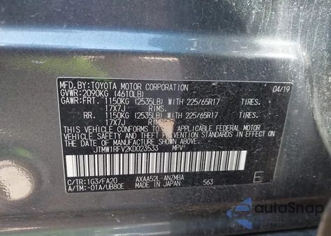 2019 Toyota Rav4 Xle z USA, uszkodzony, nr VIN JTMW1RFV2KD023533